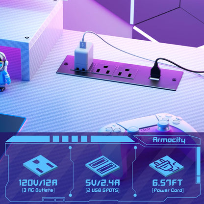 Gaming Computer Desk with Power Outlets, Gaming Desk with Hutch and LED Lights, Reversible PC Gaming Desk with Pegboard, Carbon Fiber Pink, 47"