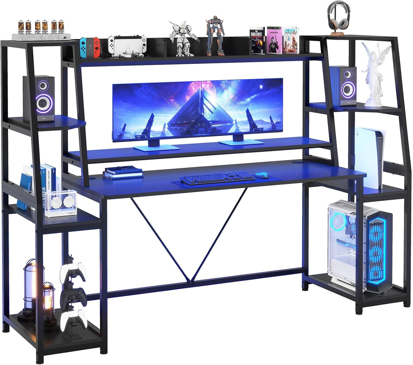 Gaming Desk 78.8'' with LED Lights, Hutch and Storage Shelves, Computer Desk with Monitor Stand, Large PC Gamer Desk Workstation, Ergonomic Gaming Table for Bedroom, Living Room, Black