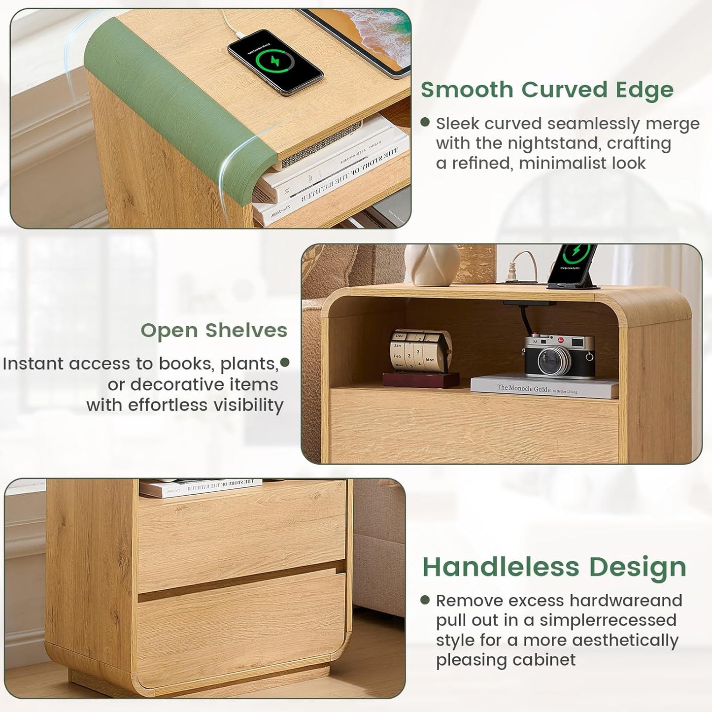 Modern Nightstand Set of 2, 23.2" Large Wood Bedside Table with Charging Station & Curved Profile, 2 Storage Drawers Side Table, Mid-Century End Table Night Stand for Bedroom Sofa Natural