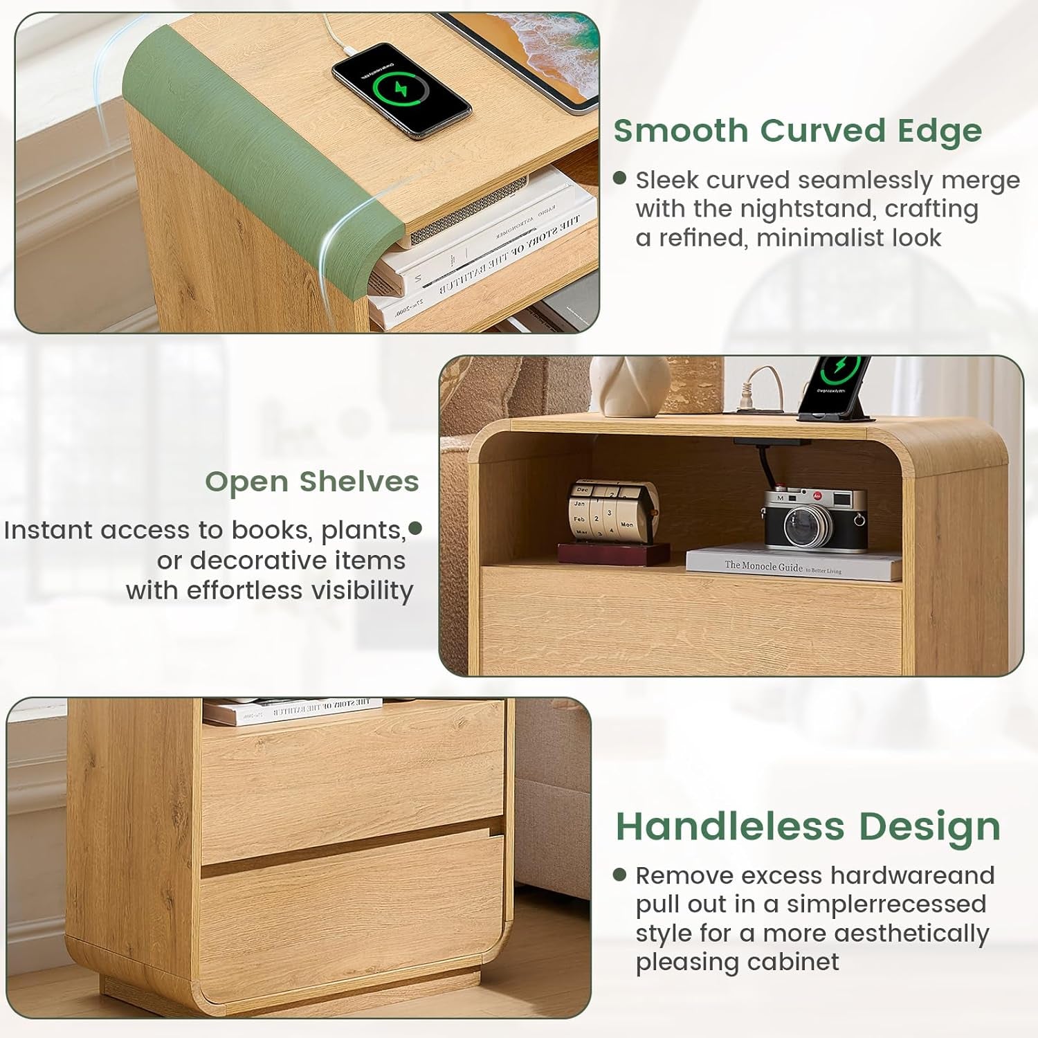 Modern Nightstand Set of 2, 23.2" Large Wood Bedside Table with Charging Station & Curved Profile, 2 Storage Drawers Side Table, Mid-Century End Table Night Stand for Bedroom Sofa Natural