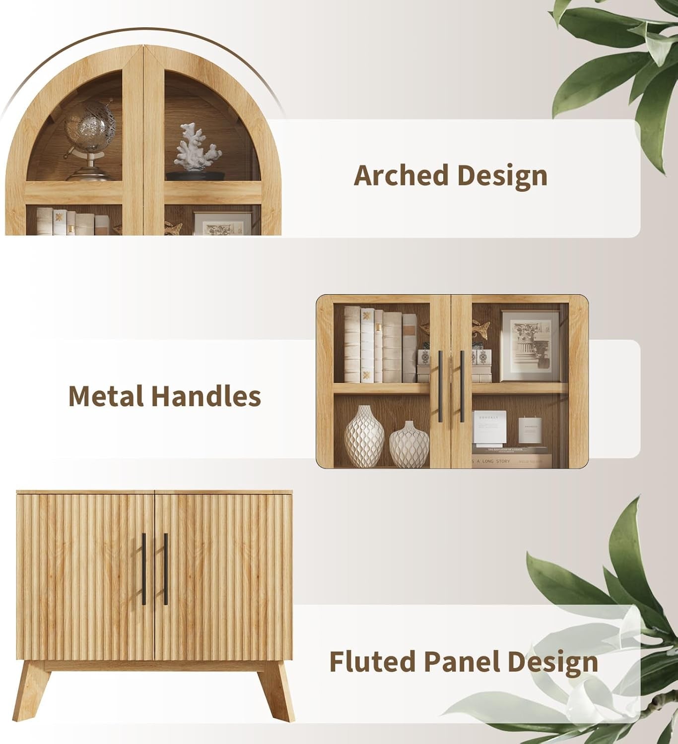 71" Modern Fluted Display Cabinet with Glass Door, Arched Curio Cabinet with Adjustable Shelf, Bookcase for Collectibles Books, Storage Cabinet for Living Room, Dining Room, Natural Oak