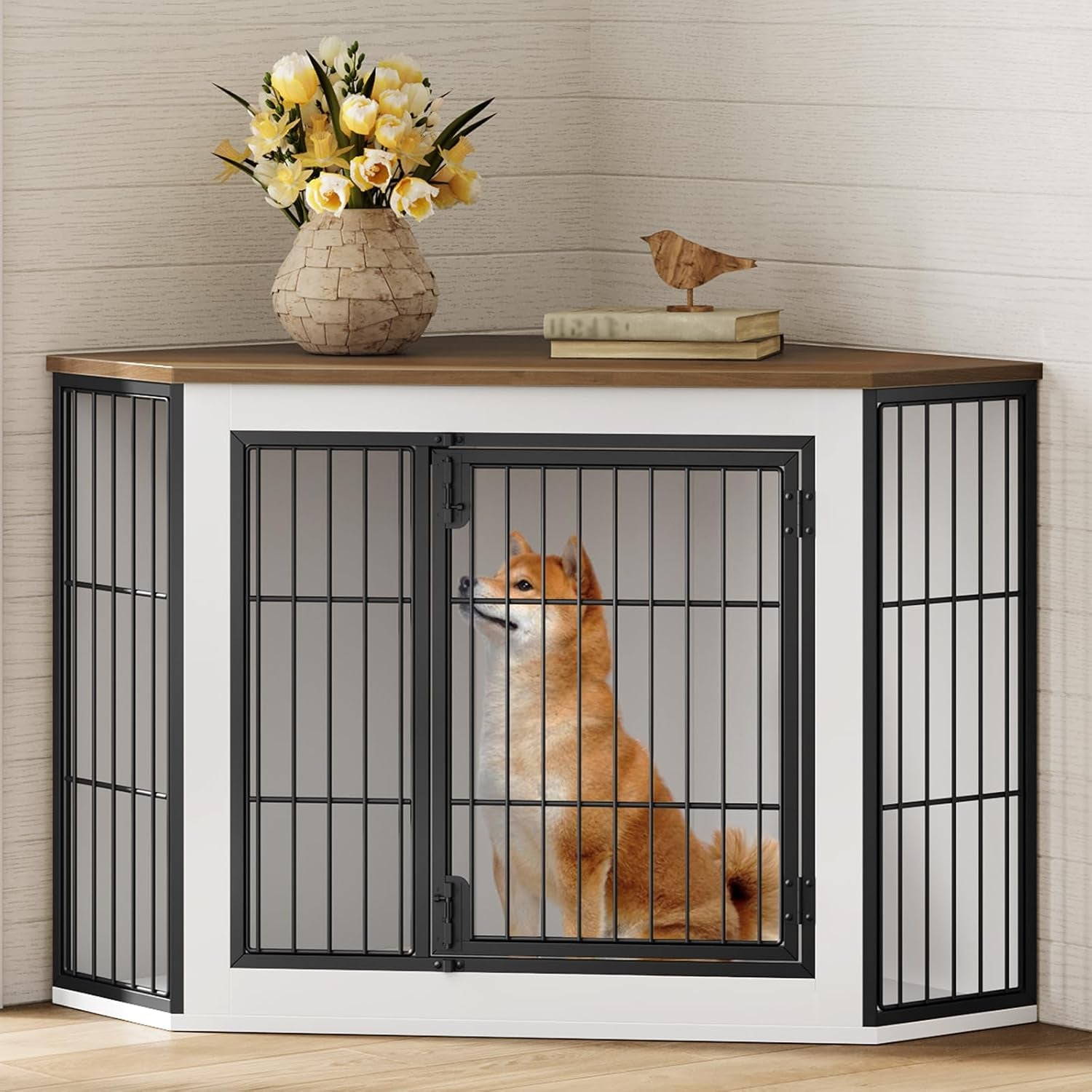 Corner Dog Crate Furniture, Decorative Dog Kennel End Table, Farmhouse Dog Crate TV Stand for Small and Medium Dogs, Walnut, White and Black BWH90GW03