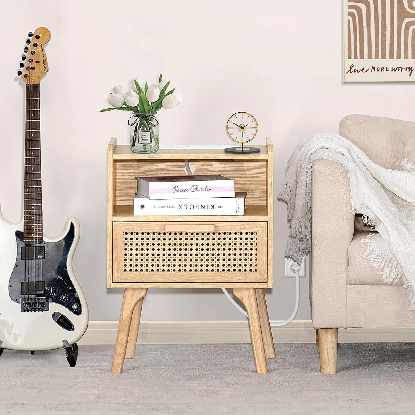 Rattan Nightstands Set of 2 with Charging Station, Boho Side Table with Drawer Open Shelf, Cane Accent Bedside End Table with Solid Wood Legs for Bedroom, Dorm and Small Spaces (Natural)