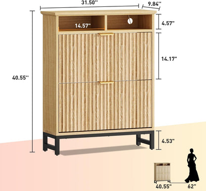 Fluted Shoe Storage Cabinet with 2 Flip Drawers, 31.5" Narrow Shoe Organizer Cabinet with LED Light, Slim Freestanding Shoe Rack Cabinet, Wooden Hidden Shoe Cabinet for Entryway, Hallway(Natural Oak)