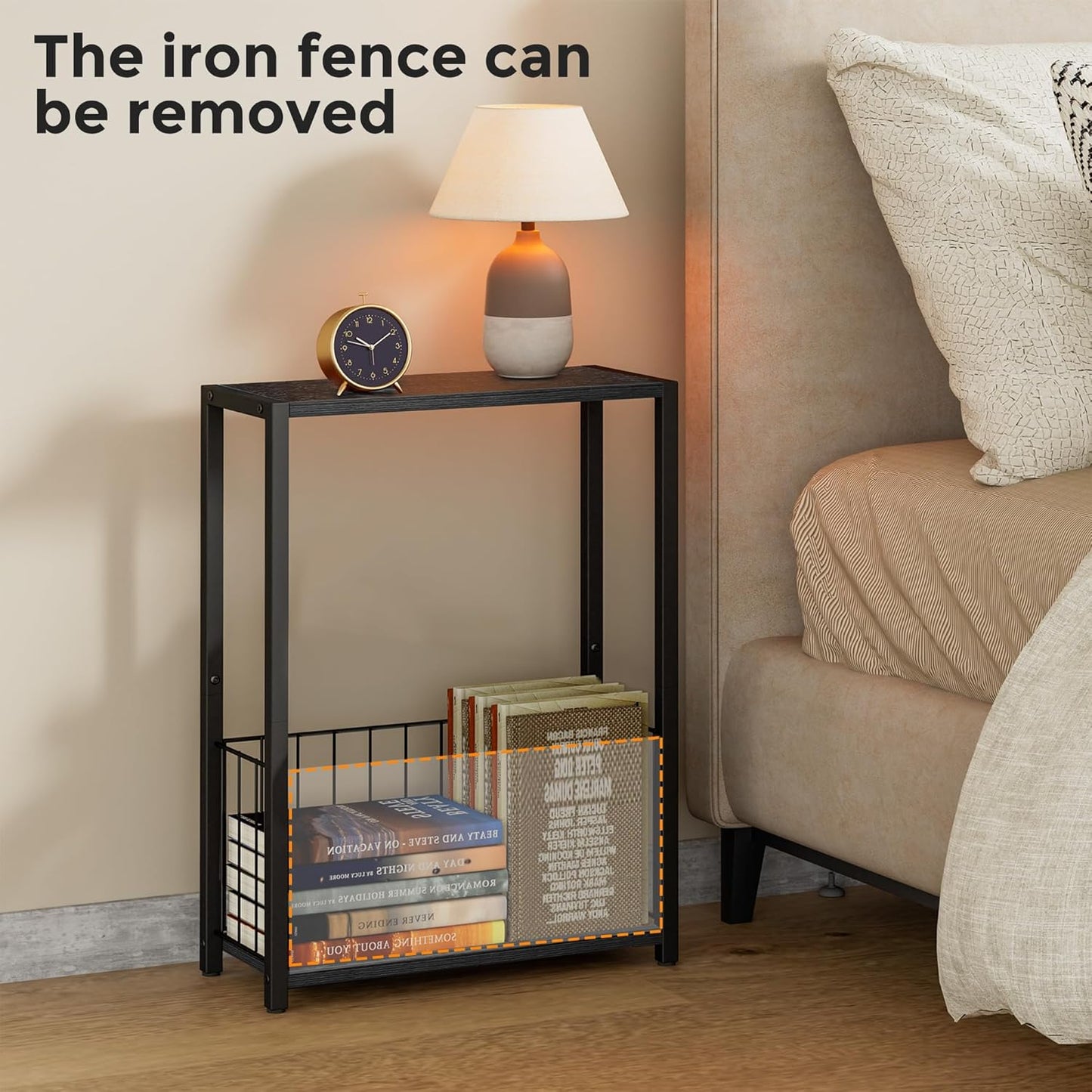 Narrow Side Table with Magazine Holder, Skinny End Table Perfect for Small Spaces, Space-Saving Design for Living Room, Bedroom, or Office, 7.1" D X 16.9" W X 23.6" H, Black