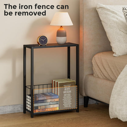 Narrow Side Table with Magazine Holder, Skinny End Table Perfect for Small Spaces, Space-Saving Design for Living Room, Bedroom, or Office, 7.1" D X 16.9" W X 23.6" H, Black
