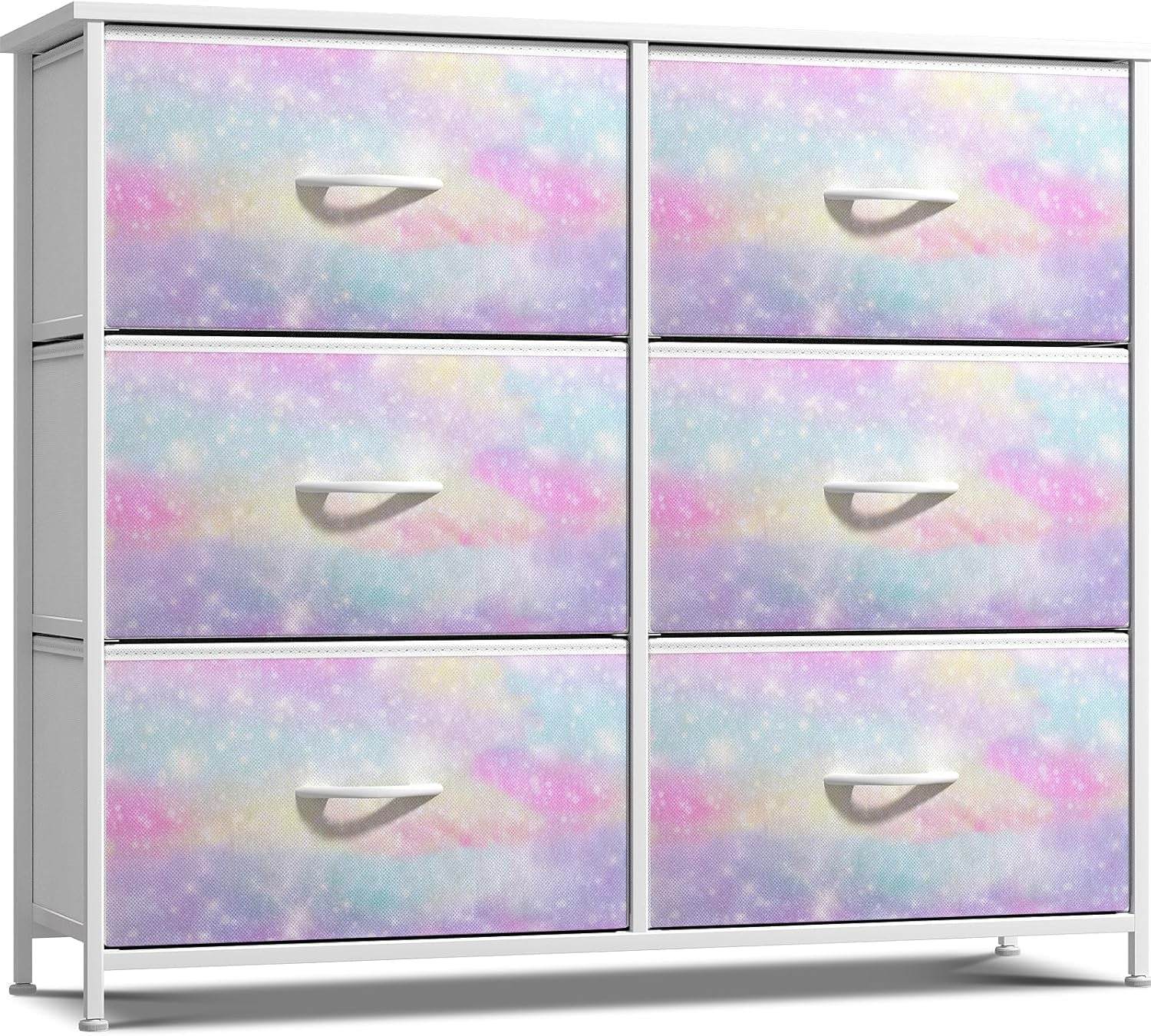 Kids Dresser with 6 Drawers - Storage Chest Organizer Nightstand - Steel Frame, Wood Top, Tie-Dye Fabric Bins for Clothes - Wide Furniture for Bedroom, Hallway, Nursery, Closet, & Apartment