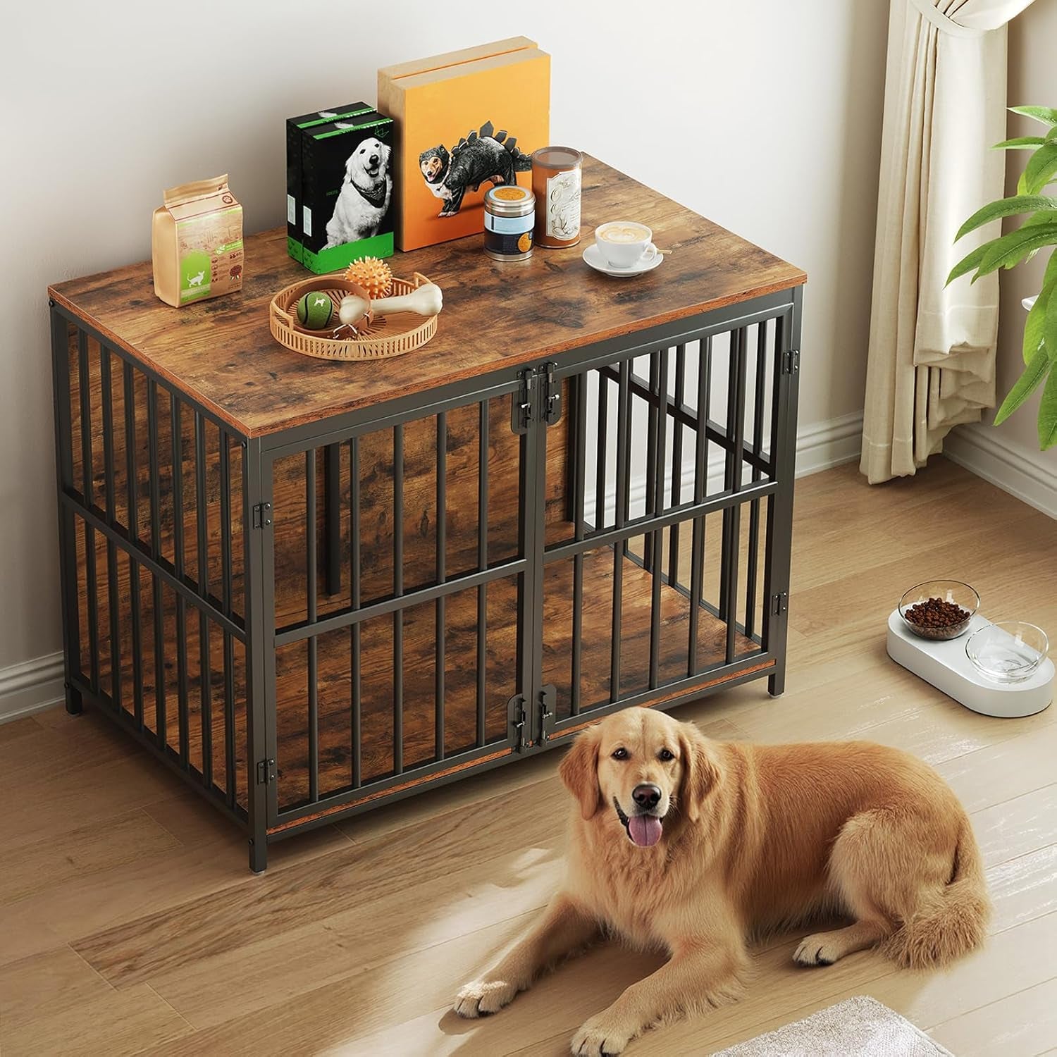 46.5" Large Dog Crate Furniture, Wooden Dog Kennel Indoor, Heavy Duty Dog Cage for Large/Medium Dog, Decorative Side End Table, Rustic Brown and Black BF120GW03