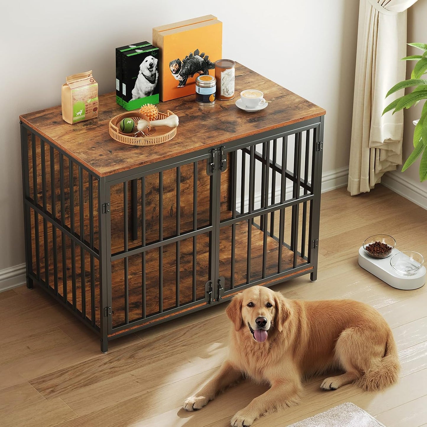 38.6" Dog Crate Furniture, Wooden Dog Kennel Indoor, Heavy Duty Dog Cage for Small/Medium Dog, Decorative Side End Table, White and Gold DW100GW03