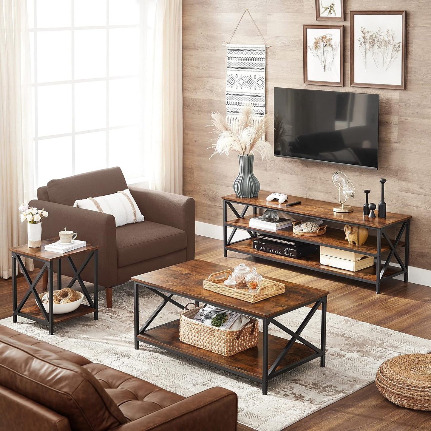 Coffee Table, Cocktail Table with Storage Shelf and X-Shape Steel Frame, Industrial Farmhouse Style, 39.4 X 21.7 X 17.7 Inches, Rustic Brown and Black ULCT200B01V1