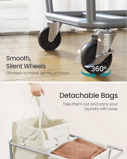 Laundry Basket with Wheels, 2-Section Laundry Sorter, 50.2 Gallons (190 L) Rolling Hamper with Removable Bags, Heavy-Duty Steel Frame, Cream White URLS009W01