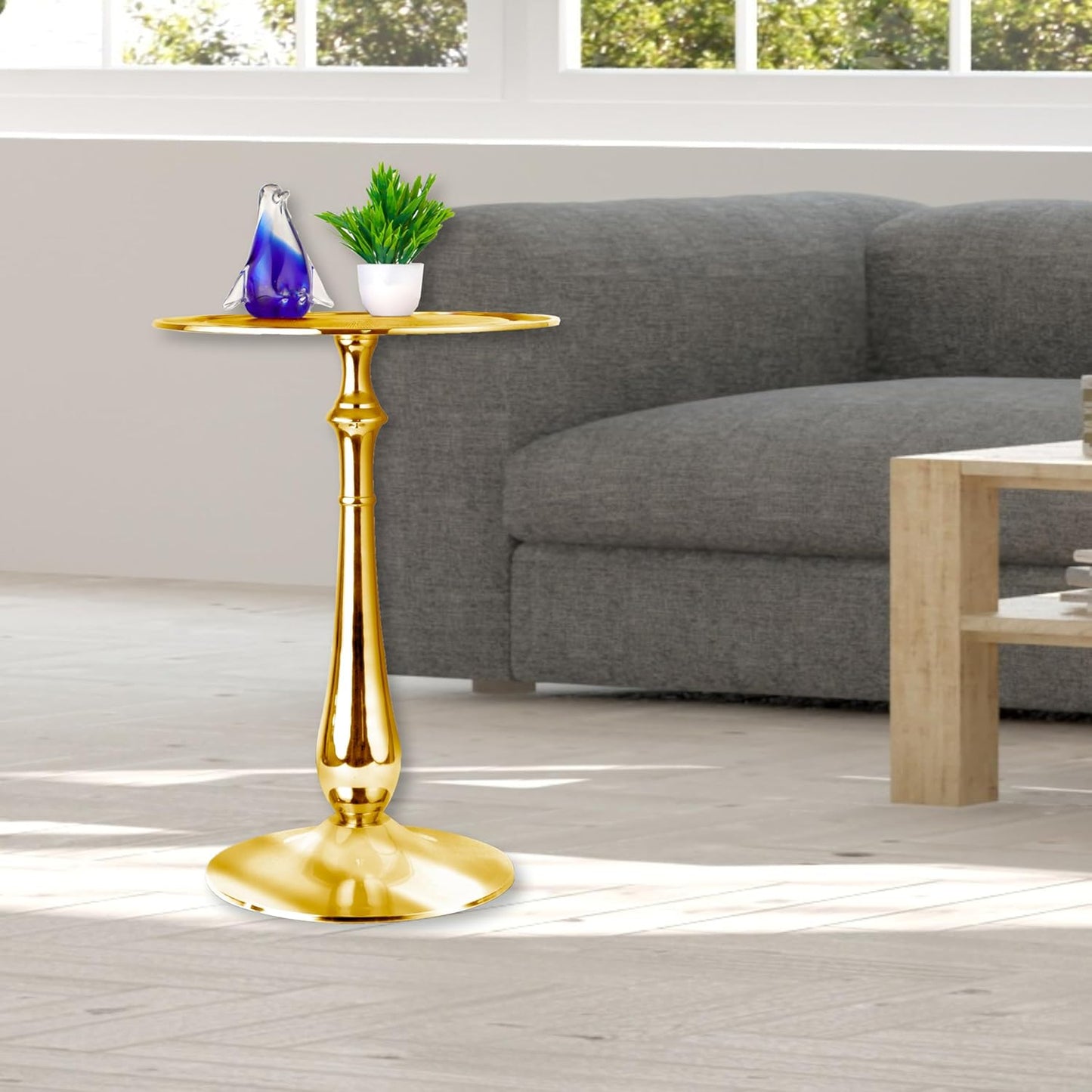 Gold round End Table – Modern Metal Accent Side Table with Embossed Top & Pedestal Base for Living Room, Bedroom, Entryway or Hallway, Electroplated Aluminum Design