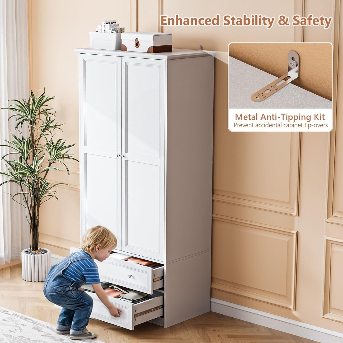 Wardrobe Closet with 2 Doors and 2 Drawers, 72" H Wardrobe Cabinet Closet, Freestanding Clothing Storage Cabinet, Wooden White Bedroom Armoire, Combination for Hanging Clothes