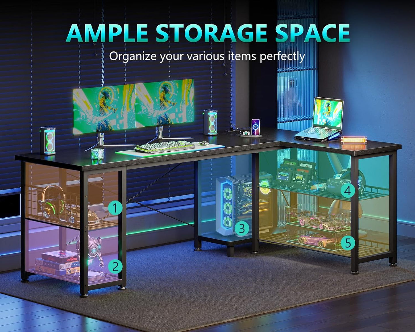 51 Inch L Shaped Gaming Desk with Shelves & Power Outlets, Reversible Computer Desk with Storage Shelves for Home Office, Black