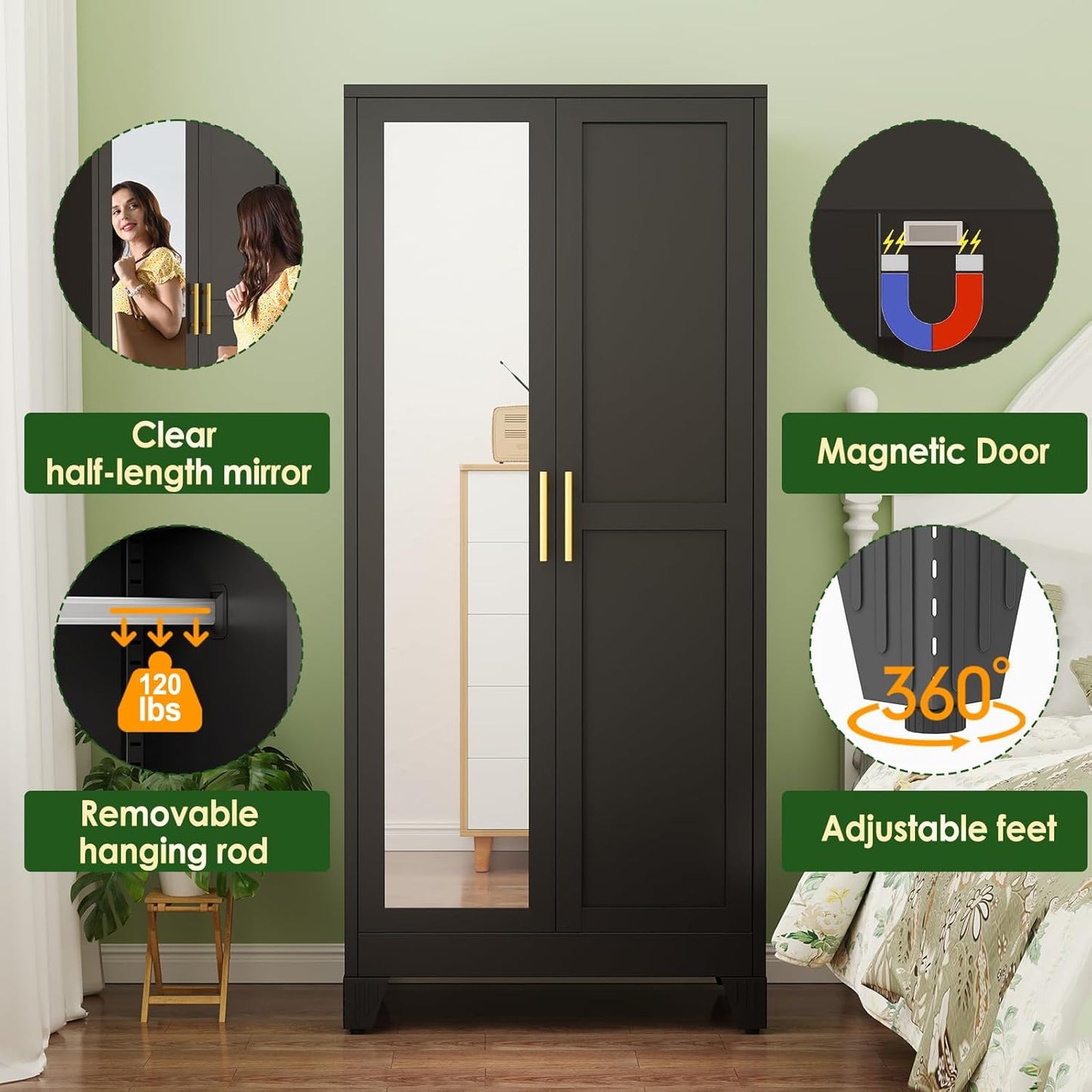 Metal Armoire Wardrobe Closet with 2 Mirror Doors, 71"' Wardrobe Cabinet with Adjustable Shelves and Hanging Rod, Clothing Storage Cabinet Closet with Mirror for Bedroom-Black