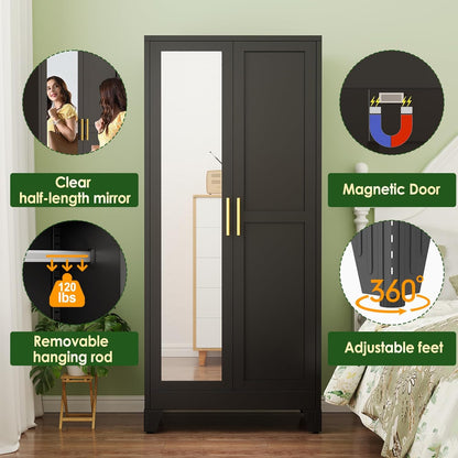 Metal Armoire Wardrobe Closet with 2 Mirror Doors, 71"' Wardrobe Cabinet with Adjustable Shelves and Hanging Rod, Clothing Storage Cabinet Closet with Mirror for Bedroom-Black