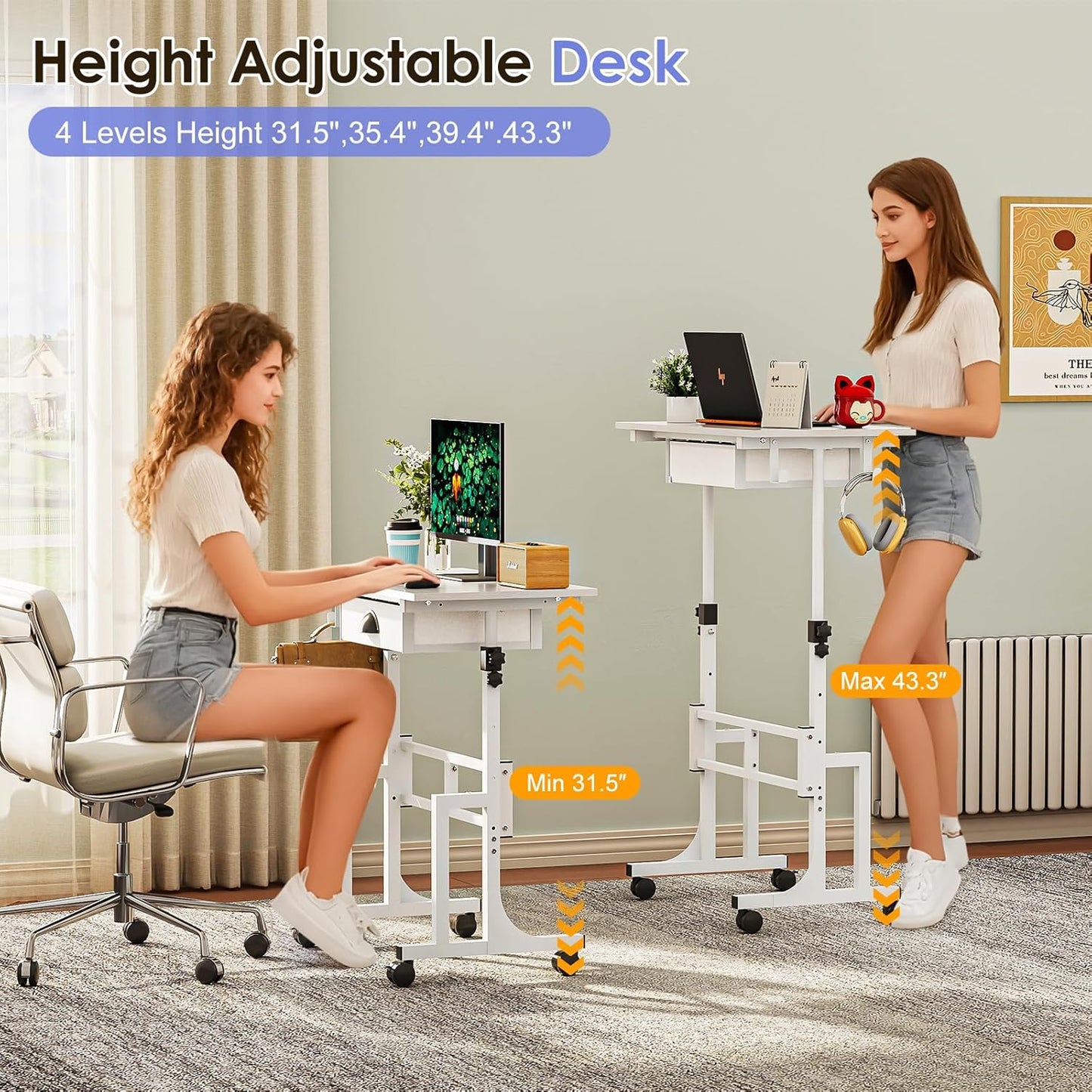 Samll White Standing Computer Desk with Drawers,Height Adjustable Home Office Sit Stand up Desk with 4 Wheels & 2 Hooks,Portable Rolling Work Study Gaming Table for Laptop Tablet Walking Pad Treadmill