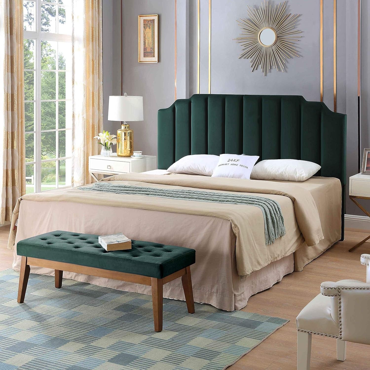 Jade Velvet Tufted King Upholstered Headboard, Modern Vertical Channel Design California King Headboard with Stepped Silhouette Top Edge,Jade