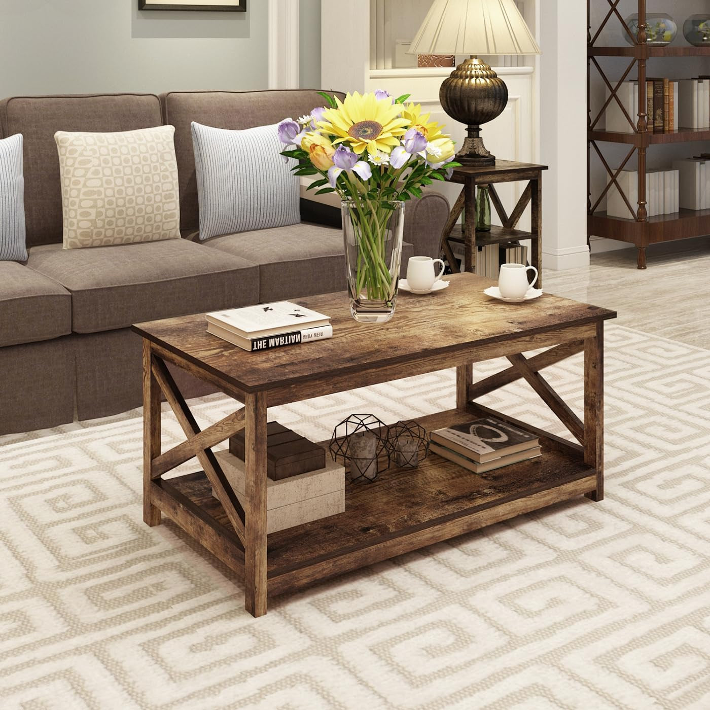 Coffee Table, Modern Farmhouse Wood Coffee Table with 2-Tier Storage, 40 Inch, Rustic