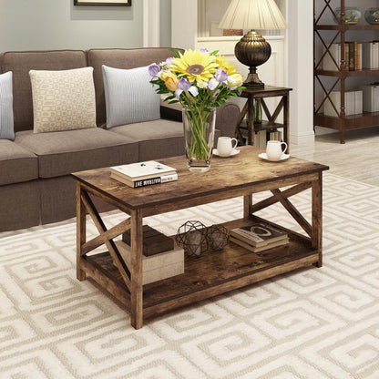 Coffee Table, Modern Farmhouse Wood Coffee Table with 2-Tier Storage, 40 Inch, Rustic