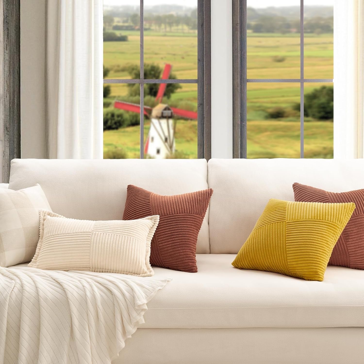 Set of 2 Decorative Terracotta Throw Pillow Covers 18X18 Inch for Couch Sofa Bed, Farmhouse Boho Rustic Home Decor,Soft Corduroy Windmill Textured Striped Patchwork Cushion Cases