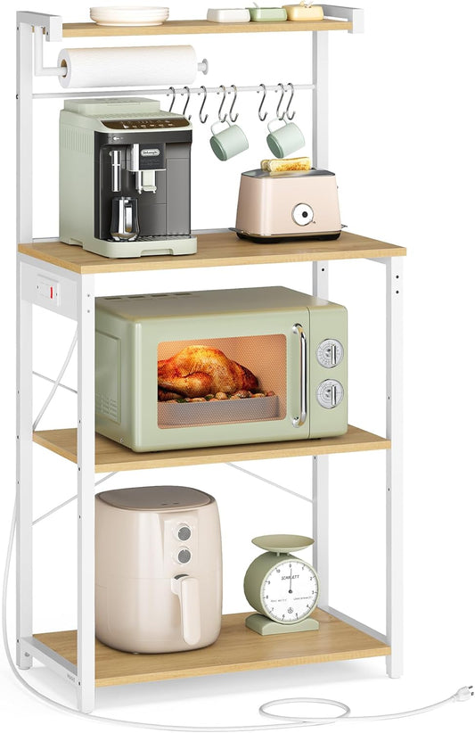 Kitchen Bakers Rack with Power Outlet, Coffee Bar 4-Tier with 8 S Hooks, Microwave Stand, Adjustable Shelf, for Small Spaces, Golden Oak and Cloud White UKKS014Y01V1