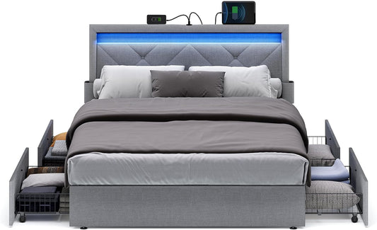 LED Bed Frame Full Size, Full Bed with Headboard and 4 Drawers, 1 USB Port and 1 Type C Port, Adjustable Upholstered Headboard 37.1/39.6 Inches, No Box Spring Needed, Light Gray URMB822G01