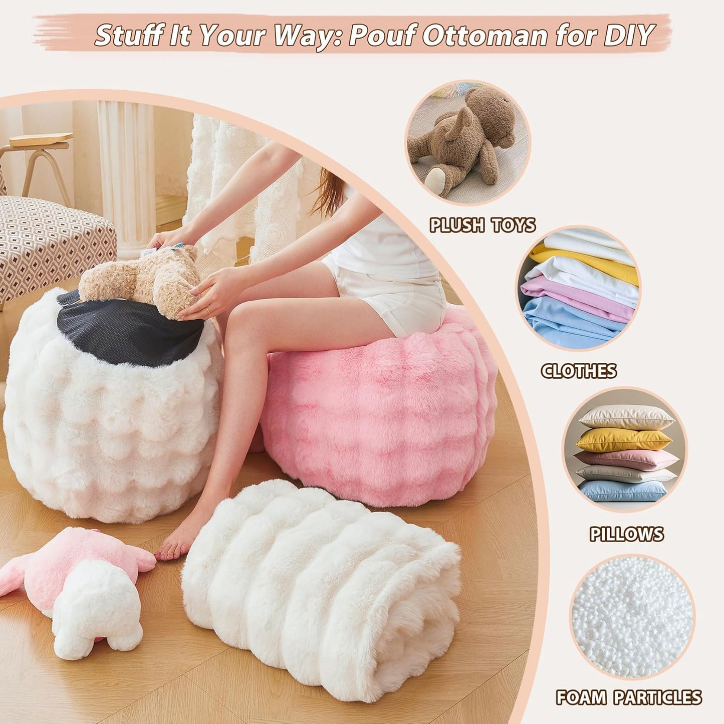 Faux Rabbit Fur round Inflatable Pouf Ottoman, 20 X 16 Waffle Bubble Fluffy Fuzzy Floor Poufs Foot Rest for Adults Kids Girls, Furry Pouf Chair Foot Stool Couch Home Decor, Anti-Slip, Beige