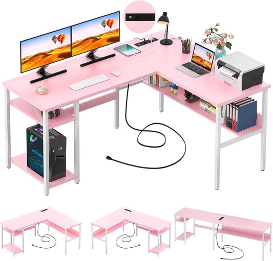 Reversible L Shaped Desk with Magic Power Outlets and USB Charging Ports, Sturdy Corner Computer Desk with Storage Shelves, Gaming Table Home Office Desk, Easy to Assemble, Pink