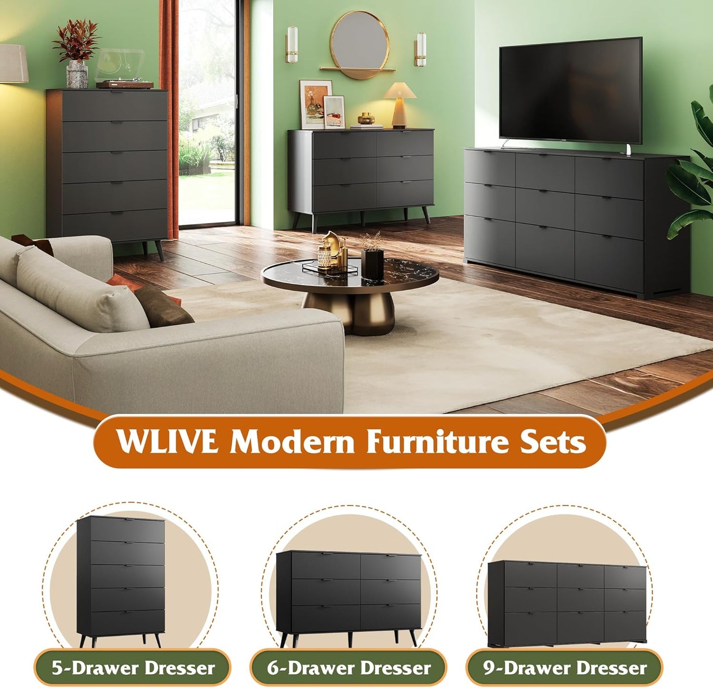 Black Dresser for Bedroom, 47.24'' Wide 6 Drawer Wood Dresser Storage Organizer with Sturdy Metal Handle, TV Stand for 55 Inch TV, Chest of Drawers for Living Room, Hallway, Closet