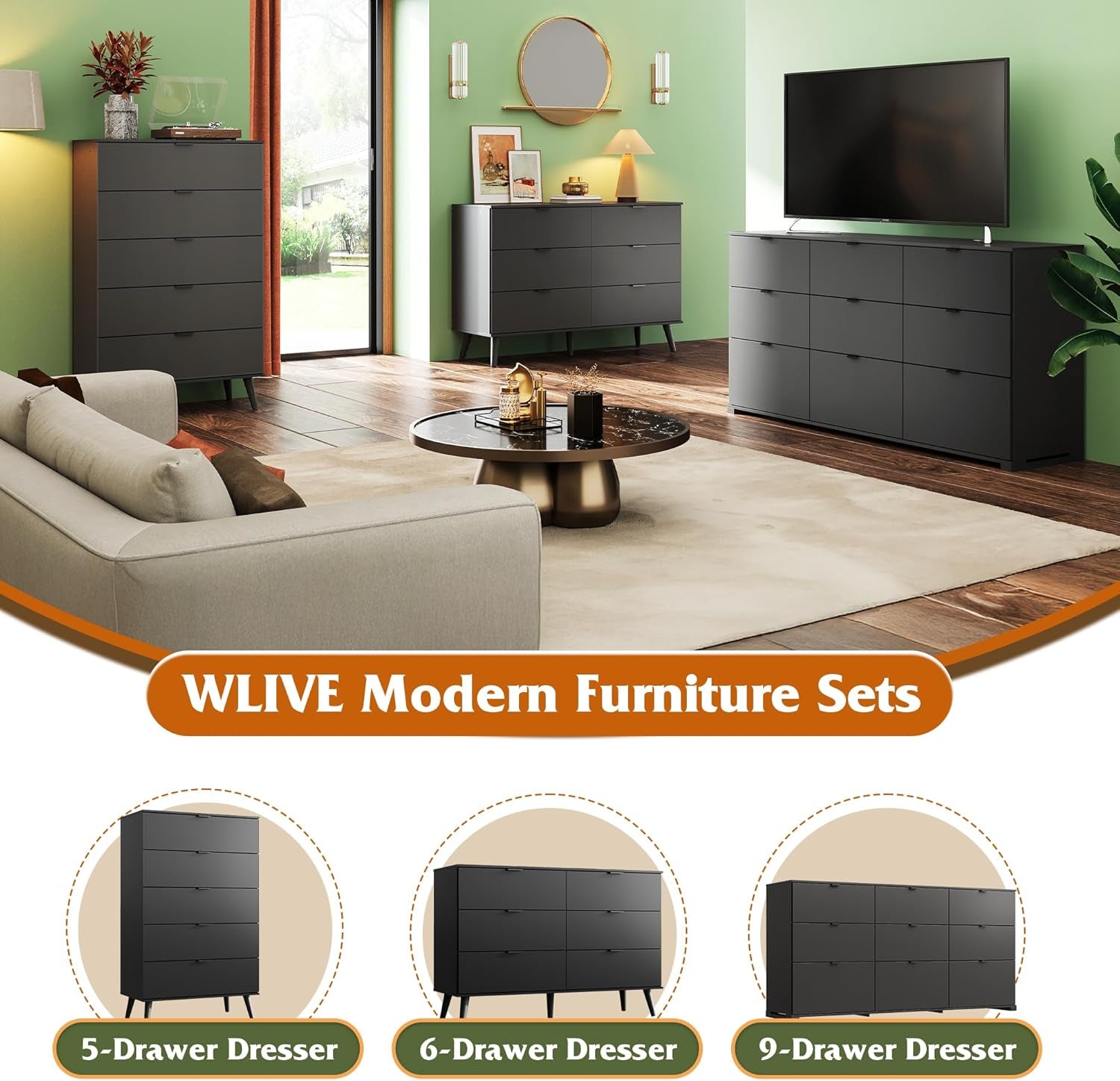 Black Dresser for Bedroom, 47.24'' Wide 6 Drawer Wood Dresser Storage Organizer with Sturdy Metal Handle, TV Stand for 55 Inch TV, Chest of Drawers for Living Room, Hallway, Closet