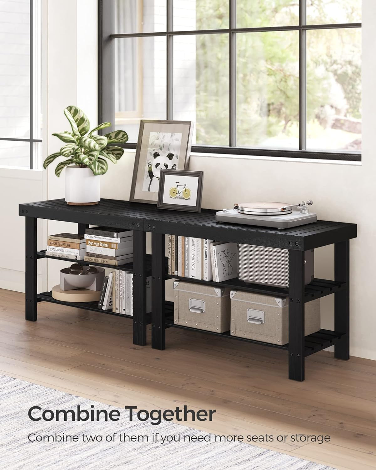 Shoe Rack Bench, 3-Tier Bamboo Shoe Storage Organizer, Entryway Bench, Holds up to 286 Lb, 11.3 X 27.6 X 17.8 Inches, for Entryway Bathroom Bedroom, Ink Black ULBS04H