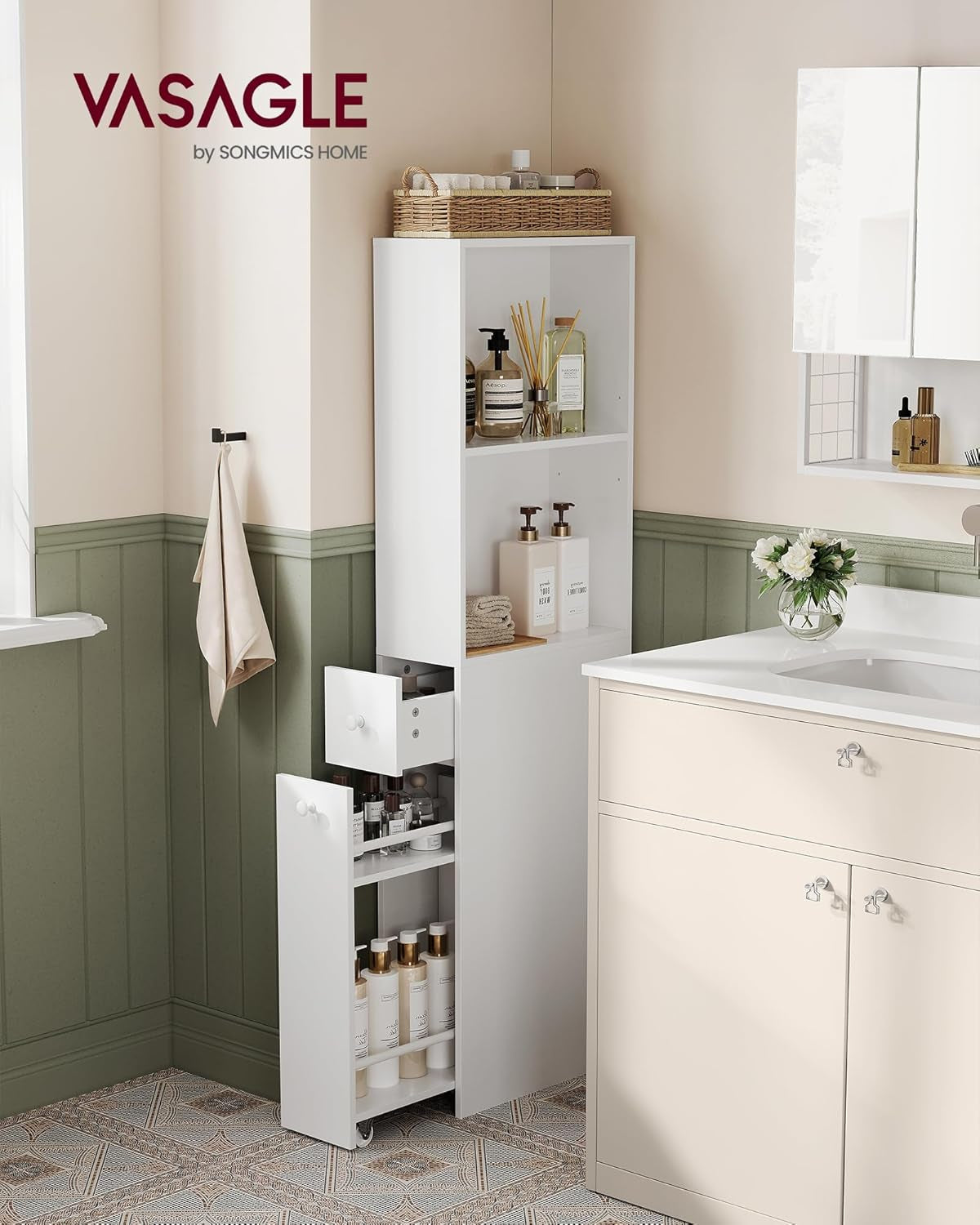 Slim Bathroom Storage Cabinet, Narrow Freestanding Bathroom Cabinet with Storage Drawers and Adjustable Shelf, for Small Spaces, Modern Style, White UBBK567T14
