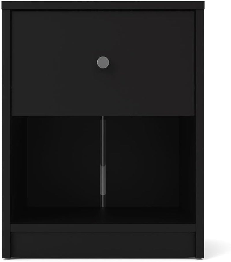 4-Pc Scandinavian Design Bedroom Furniture Set with 3-Drawer Chest, 6-Drawer Double Dresser & Two 1-Drawer Nightstands, Plastic Pewter Handles and Smooth Glides, in Black