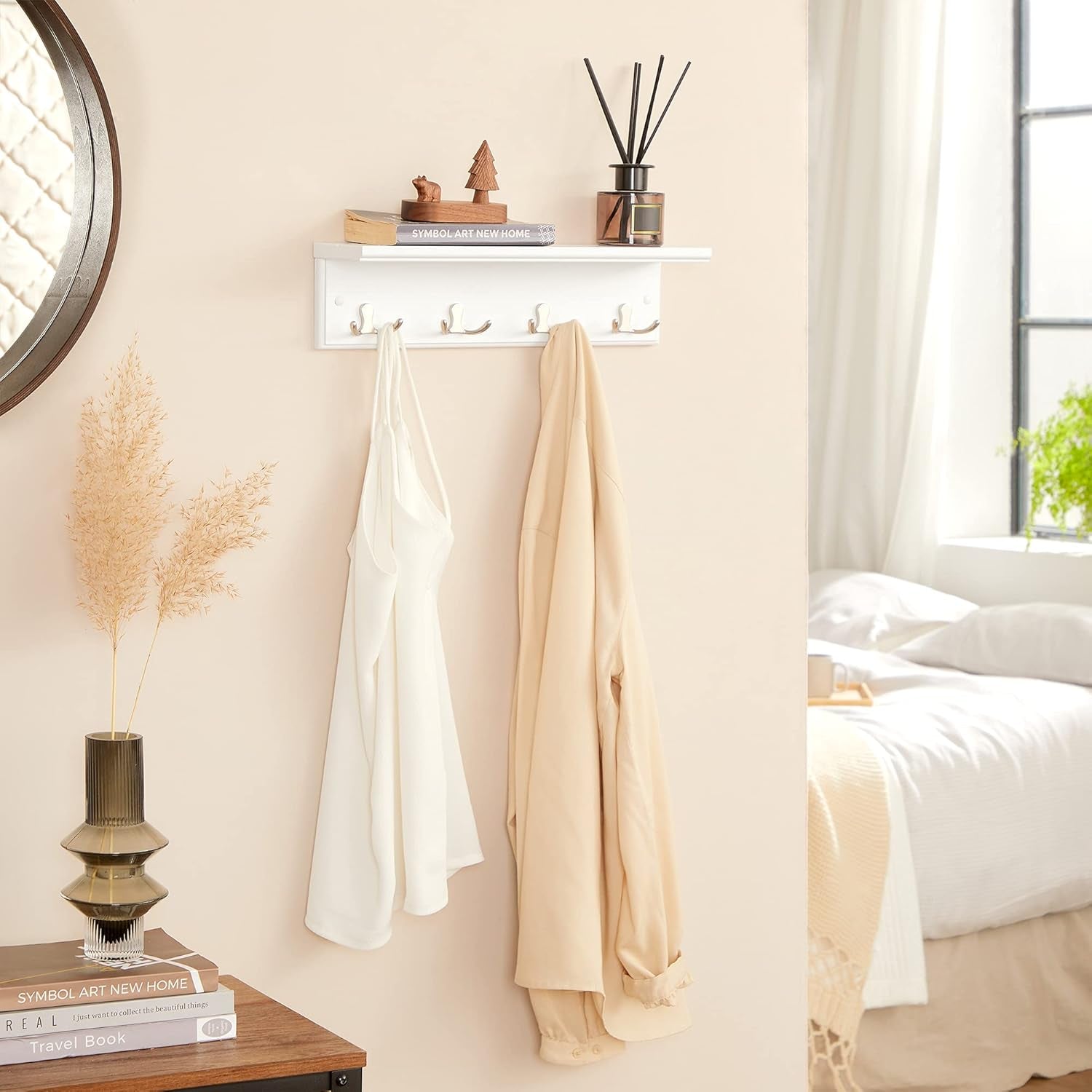 Entryway Hanging Coat Rack, Wall-Mounted Wooden Shelf, with 4 Double Hooks, Wall Floating Shelf, White ULHR42WT