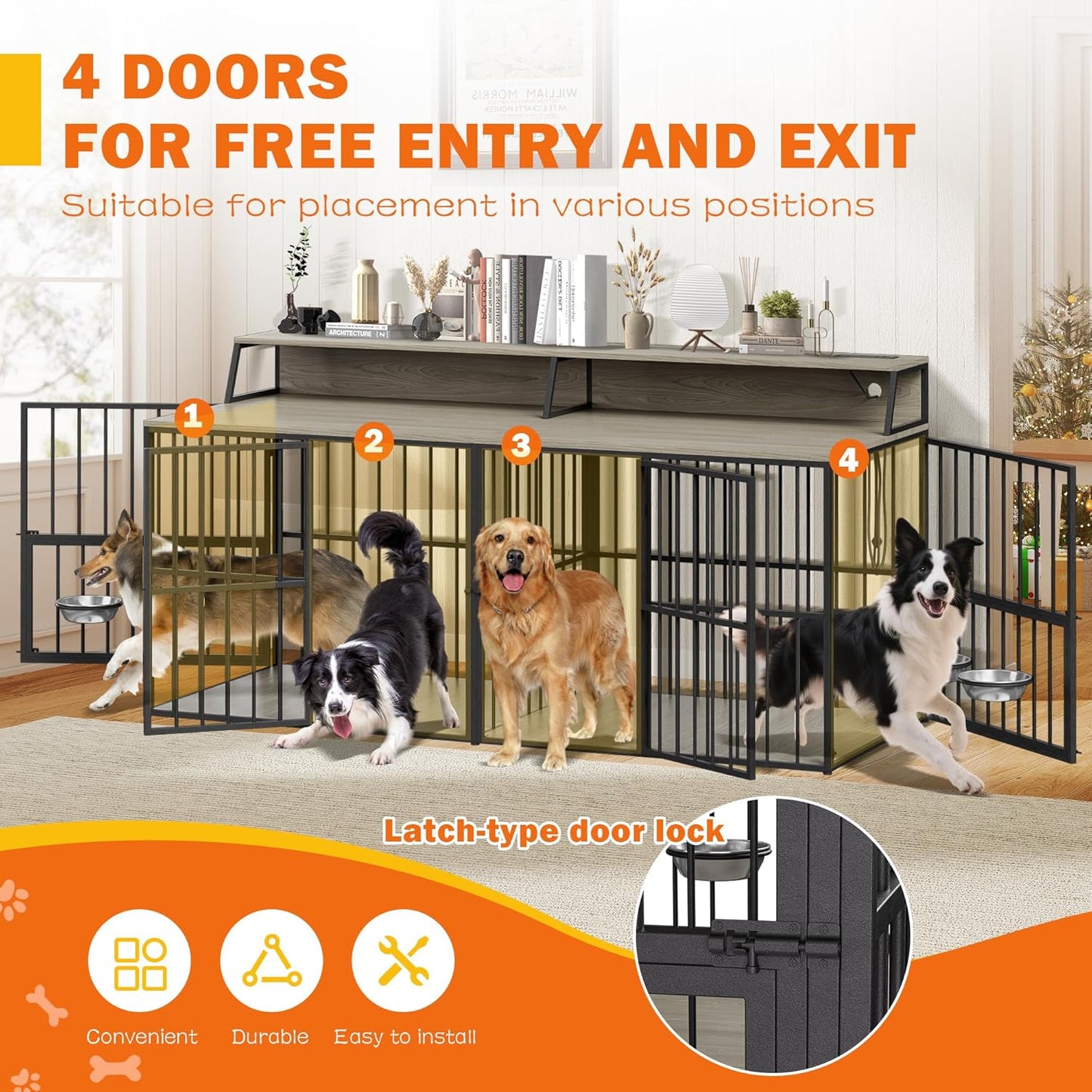 71" Dog Crate Furniture, Heavy Duty Large Dog Cage W/360° Rotating Feeder & LED Light & Power Outlets for 2 Dogs, XXL Double Dogs Kennel Furniture Indoor W/4 Lockable Doors & TV Stand Shelves