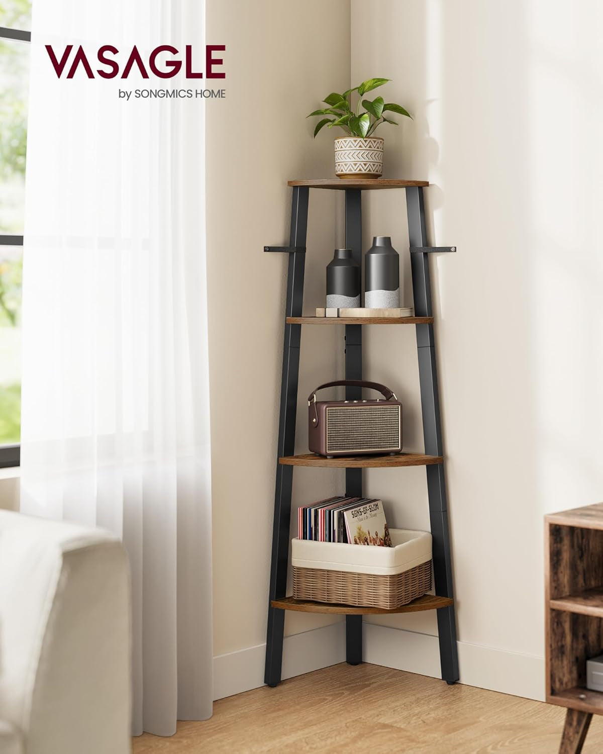 Corner Shelf Stand, 4-Tier Corner Bookshelf, Industrial Ladder Shelf, Plant Stand for Living Room, Office, Kitchen, Rustic Brown and Black ULLS34X