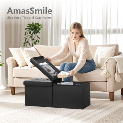 Footrest Ottoman Bench with Storage,34Inch Black Leather Footstool, Coffee Table, Padded Seat, Storage Chest,Blanket Store with Flipping Lid for Livingroom and Bedroom