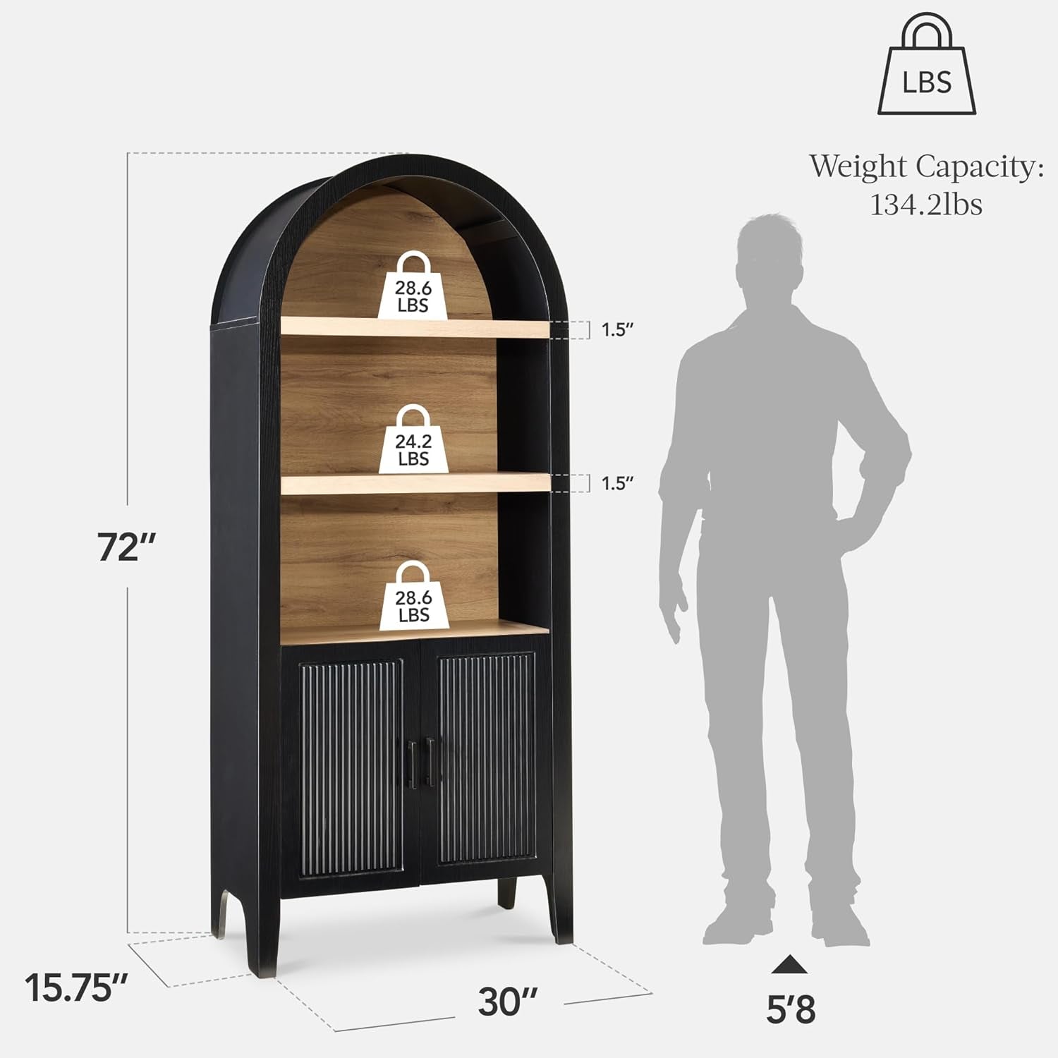 72" Tall Arched Pantry Cabinet W/Reeded Doors, 5-Tier Bookshelf, Armoire, Hutch, Bookcase, Storage Cabinet W/Adjustable Shelves, for Dining Room and Livingroom - Black Oak