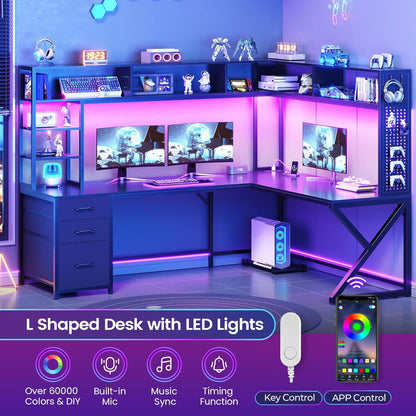 L Shaped Gaming Desk with Storage Shelves and Hutch, Convertible 94.5" Computer Desk with Drawers, Corner Computer Desk with Power Outlet, LED Lights, Pegboard for Home Office, Black