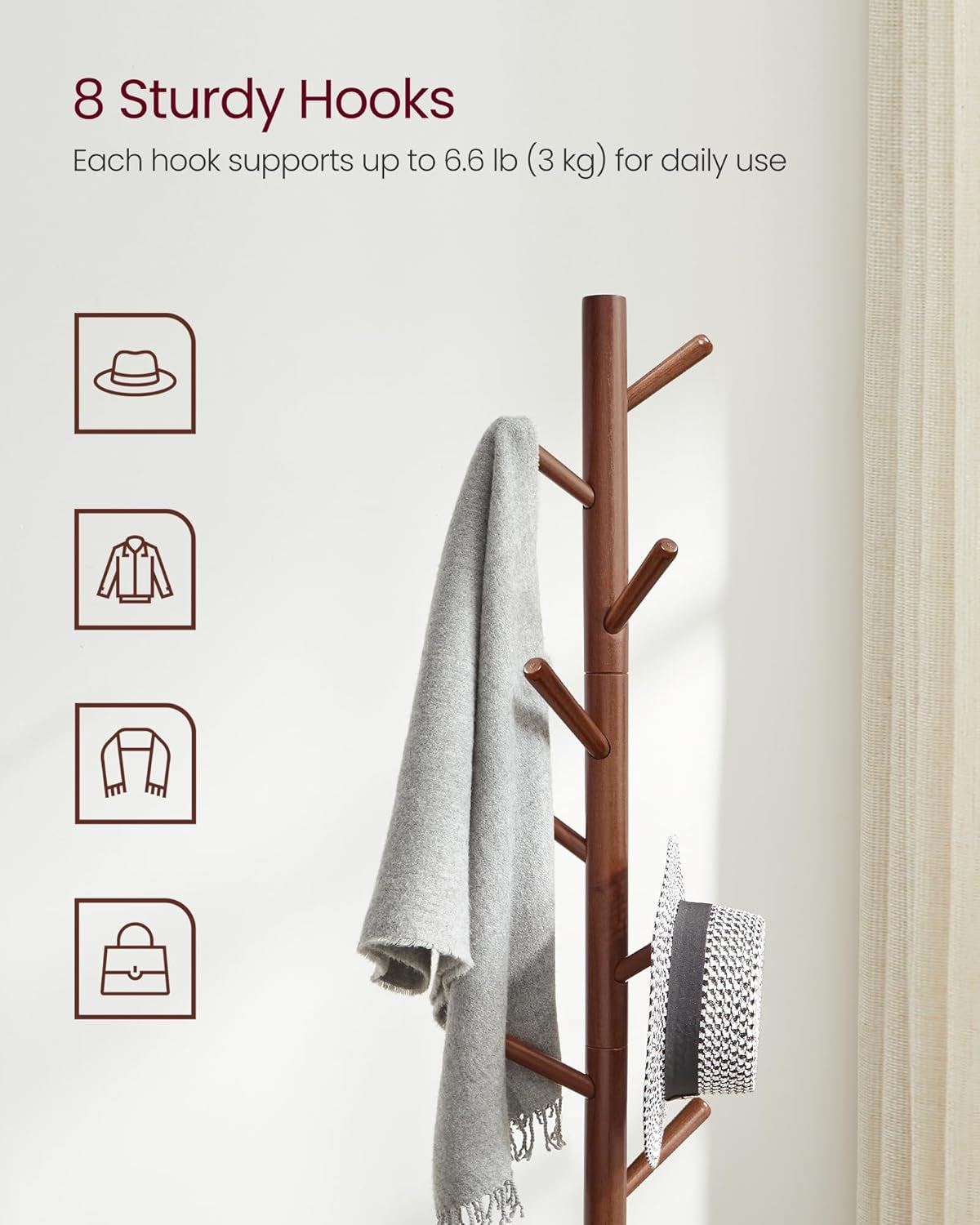 Solid Wood Coat Rack, Free Standing Tree-Shaped Coat Rack with 8 Hooks, 3 Height Options, for Clothes, Hats, Bags, Living Room, Bedroom, Home Office, Cappuccino Beige URCR004K01