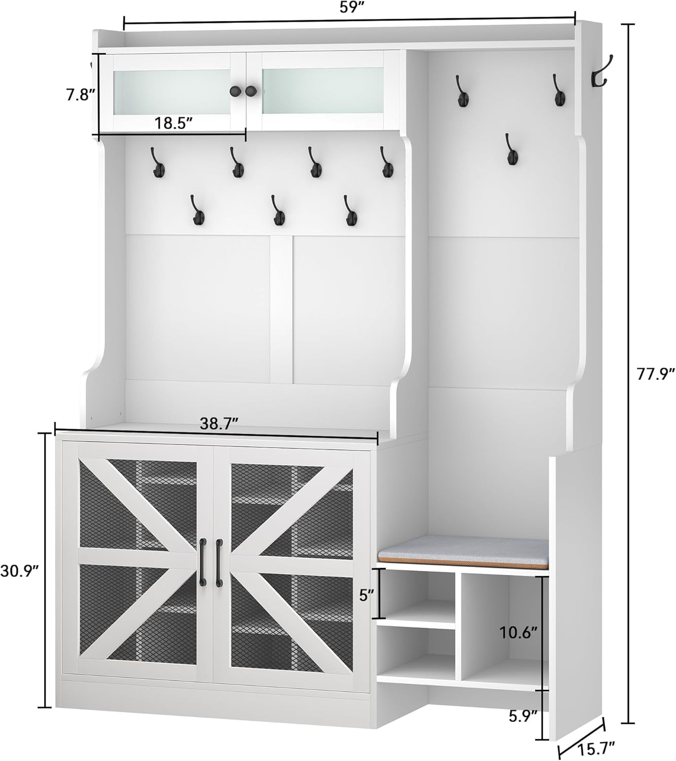 Farmhouse Hall Tree with Shoe Storage & Coat Rack Entryway Organizer with 18 Adjustable Shoe Cubbies 12 Hooks White Shoe Cabinet for Hallway