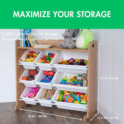 Toy Storage Organizer with Top Shelf and 9 Removable Bins, Natural/White – Toddler Bookshelf with Toy Organizer - Modern Toy Rack Ideal for Kids' Rooms, Playrooms, and Nurseries