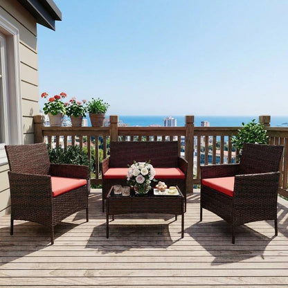 Modern 4-Person Outdoor Bistro Set with Tempered Glass Table – Weather-Resistant PE Rattan & Iron Frame Patio Furniture, Thick Red & Brown Polyester Cushions for Garden, Balcony, Deck