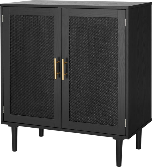 Sideboard Buffet Kitchen Storage Cabinet with Black Painted Rattan Decorated Doors, Dining Room, Hallway, Cupboard Console Table, Liquor/Accent Cabinet, 31.5X 15.8X 34.6 Inches, Black