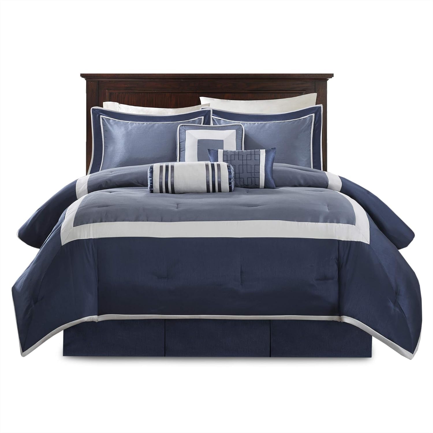 Cozy Comforter Set-Deluxe Hotel Collection, All Season down Alternative Luxury Bedding with Matching Shams, Decorative Pillows, King(104"X92"), Genevieve, Navy 7 Piece