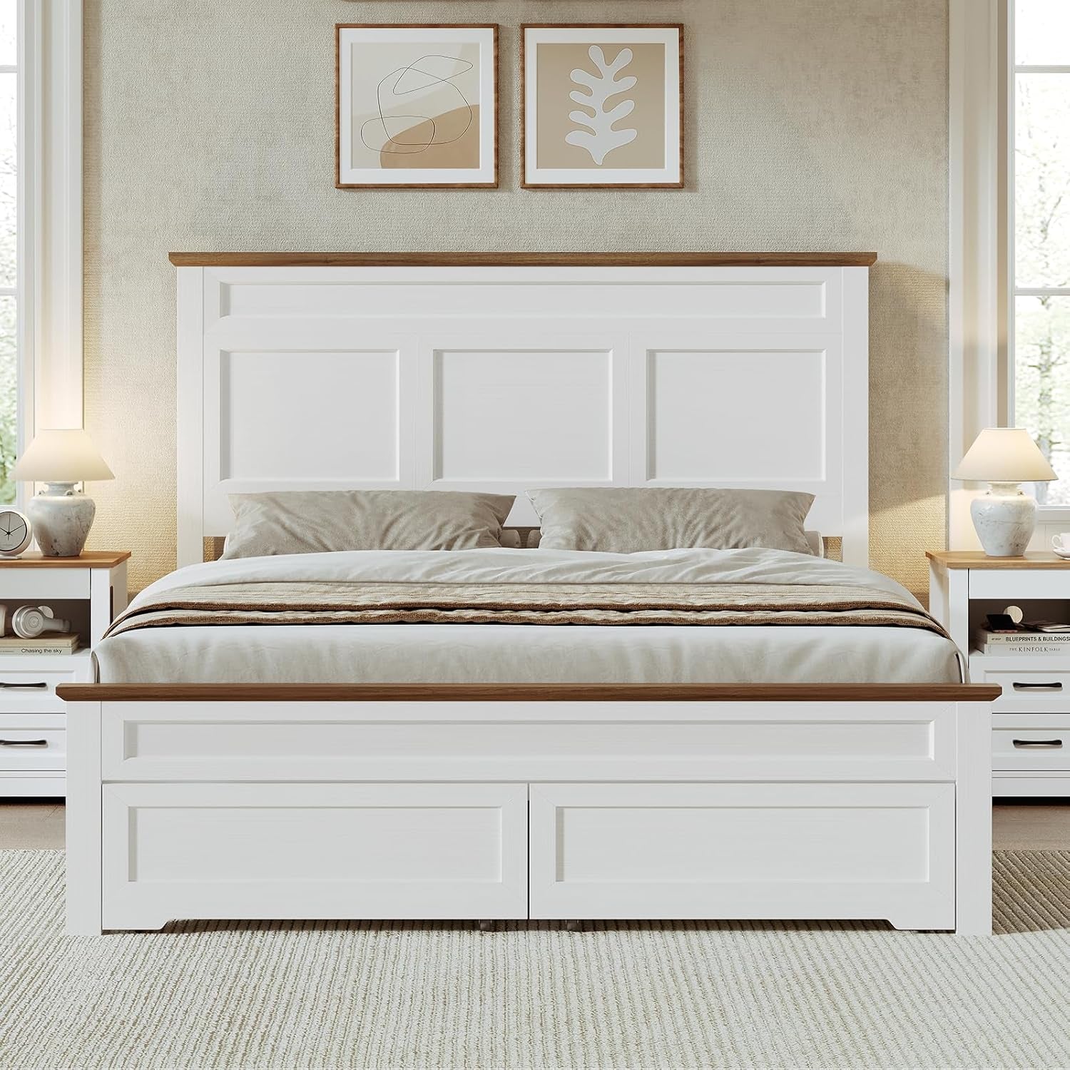 Farmhouse Full Size Bed Frame with 51.2" Tall Headboard & Footboard, Wooden Platform Bed Frame with Large Storage Drawers, No Squeak, No Box Spring Needed, White and Walnut