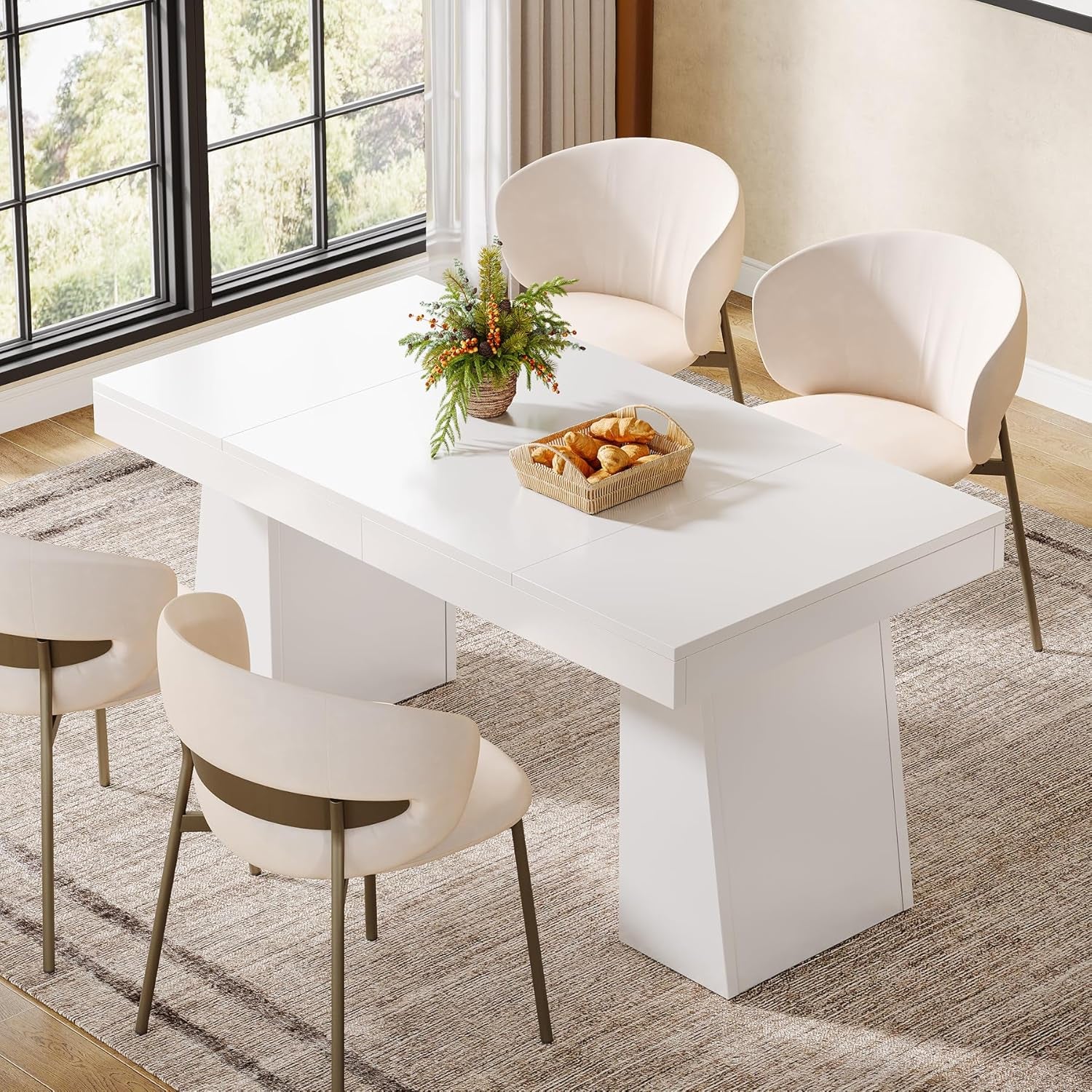 Dining Room Table for 4-6, 55-Inch Mid-Century Modern Dining Table with Double Pedstral, Rectangular Wood Kitchen Dinner Table for Dining Room, Kitchen, Home, White