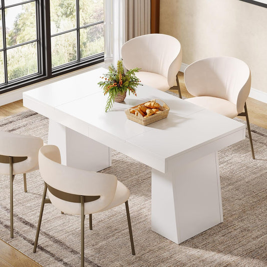 Dining Room Table for 4-6, 55-Inch Mid-Century Modern Dining Table with Double Pedstral, Rectangular Wood Kitchen Dinner Table for Dining Room, Kitchen, Home, White