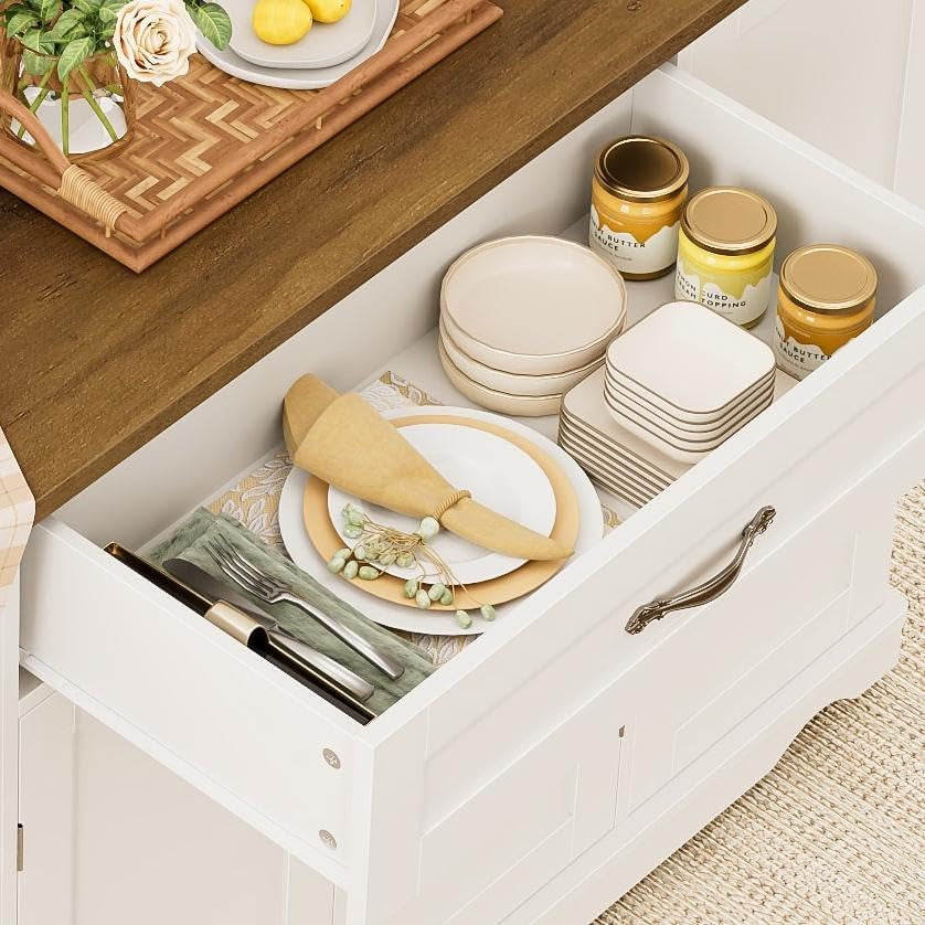 Kitchen Island Cart with Storage, 47'' Kitchen Storage Island on Wheels with 2 Drawers, Rolling Island Table with Adjustable Shelves, Mobile Buffet Sideboard Cabinet for Dining Room, White